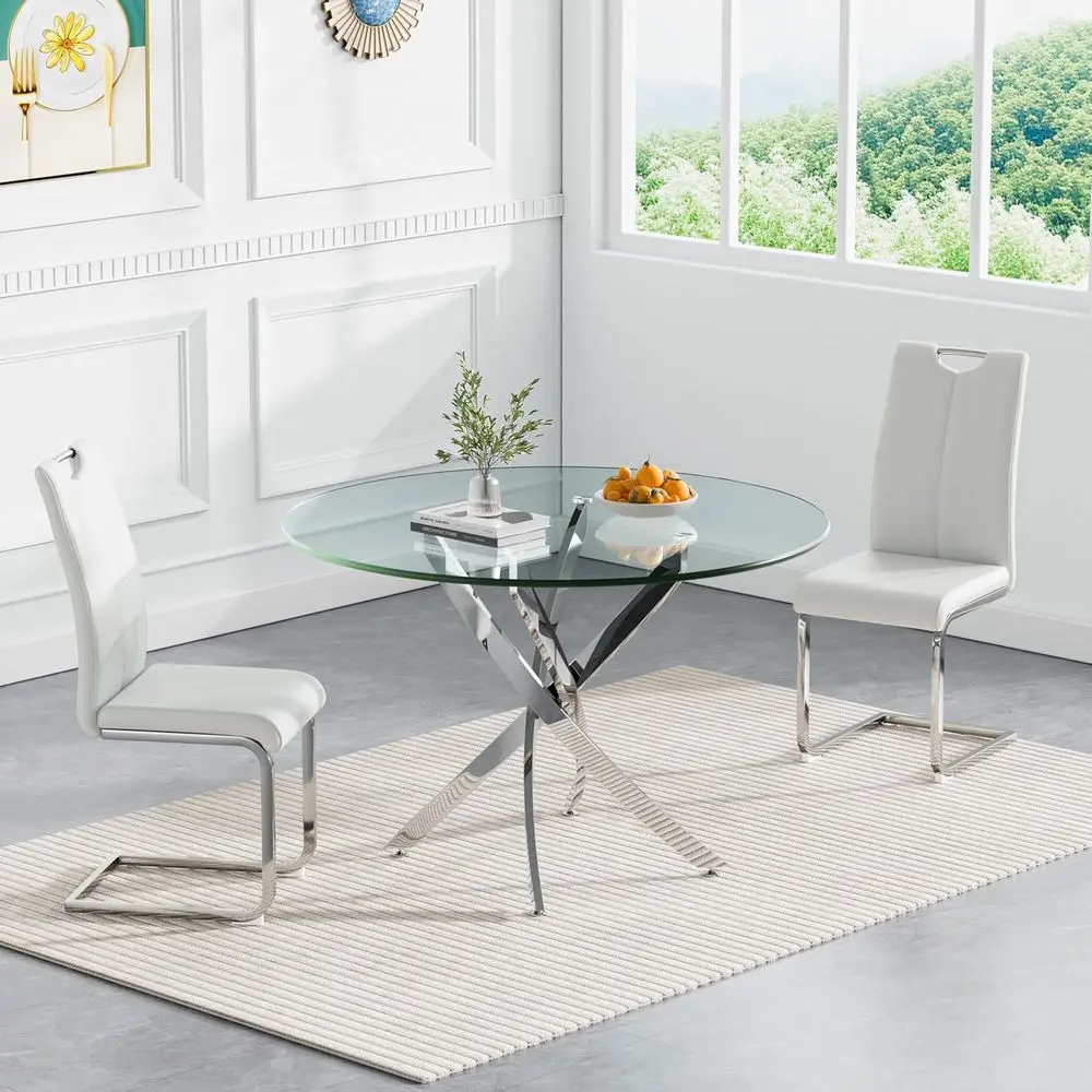 Round Glass Dining Table Set with 3 Chairs, Compact Modern Dining Set, Silver Glass Kitchen Table and 2 Leather Chairs
Round Glass Dining Table Set with 3 Chairs, Compact Modern Dining Set, Silver Glass Kitchen Table and 2 Leather Chairs