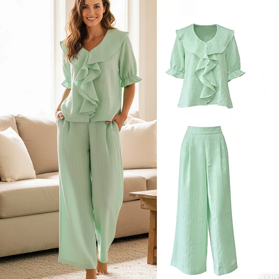 Women Linen Pajama 2 Piece Set Short Sleeve Front Ruffle Shirt PJs Pants Lounge Cute Sleepwear Casual Homewear Set
Women Linen Pajama 2 Piece Set Short Sleeve Front Ruffle Shirt PJs Pants Lounge Cute Sleepwear Casual Homewear Set