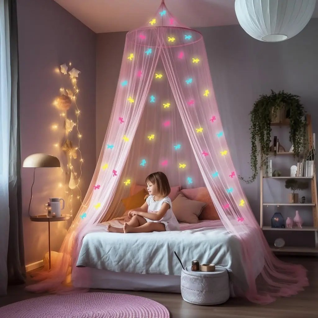 Glow-in-the-Dark Unicorn Princess Canopy Bed for Kids - Pink Mosquito Net with Galaxy Lights & Hanging Kit
Glow-in-the-Dark Unicorn Princess Canopy Bed for Kids - Pink Mosquito Net with Galaxy Lights & Hanging Kit
