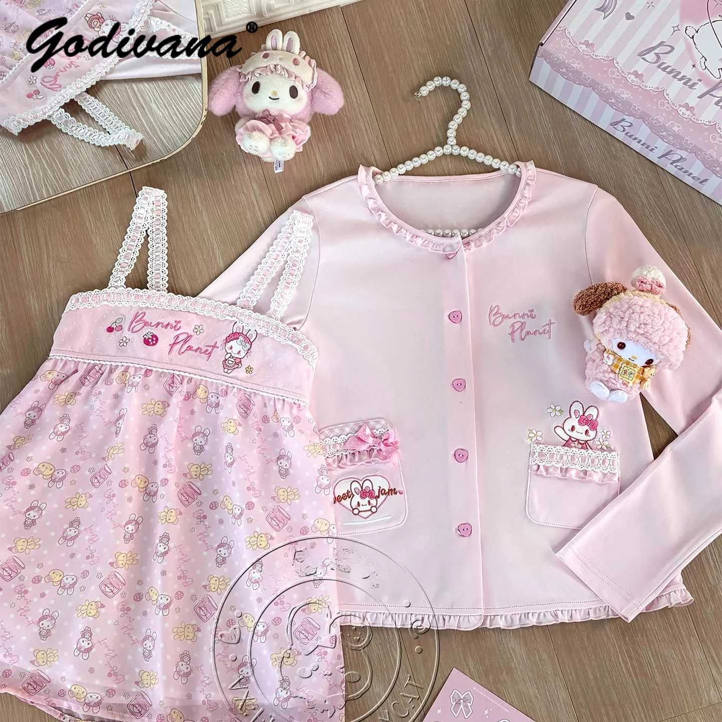 New Spring Daughter Girls Kawaii Rabbit Embroidered Thin Cardigan Suspender Chiffon Skirt Pink Clothes Women's Lolita Dress Set
New Spring Daughter Girls Kawaii Rabbit Embroidered Thin Cardigan Suspender Chiffon Skirt Pink Clothes Women's Lolita Dress Set