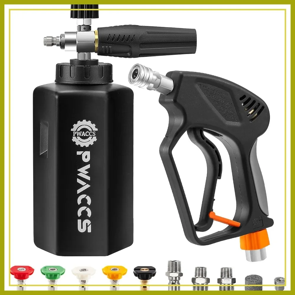 PWACCS Pressure Washer Gun with Foam Cannon, Short Gun with Swivel, 1/4" Quick Connector, 5 Nozzle Tips, 1.5L, 5000 PSI
PWACCS Pressure Washer Gun with Foam Cannon, Short Gun with Swivel, 1/4" Quick Connector, 5 Nozzle Tips, 1.5L, 5000 PSI