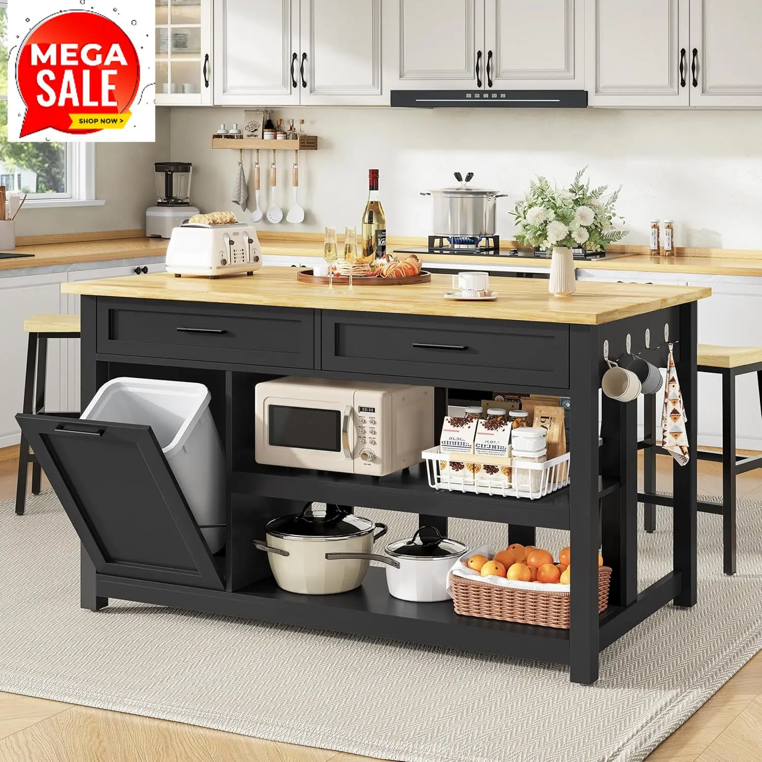 Kitchen Island with Storage and Seating Include 2 Bar Stools, 47" Solid Rubberwood Top Kitchen Island with Trash Can Storage, Po
Kitchen Island with Storage and Seating Include 2 Bar Stools, 47" Solid Rubberwood Top Kitchen Island with Trash Can Storage, Po