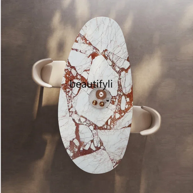 V Imported natural marble dining table Water drop-shaped oval light luxur high-end red luxur stone dining table
V Imported natural marble dining table Water drop-shaped oval light luxur high-end red luxur stone dining table
