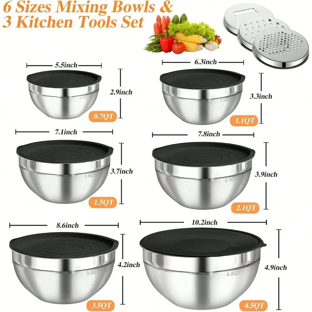 Bowls, Set Of 6 Stainless Steel Nesting Salad Bowls With Lid And 3 Graters For Kitchen Cooking Serving Preparation, Baking Kitc
Bowls, Set Of 6 Stainless Steel Nesting Salad Bowls With Lid And 3 Graters For Kitchen Cooking Serving Preparation, Baking Kitc
