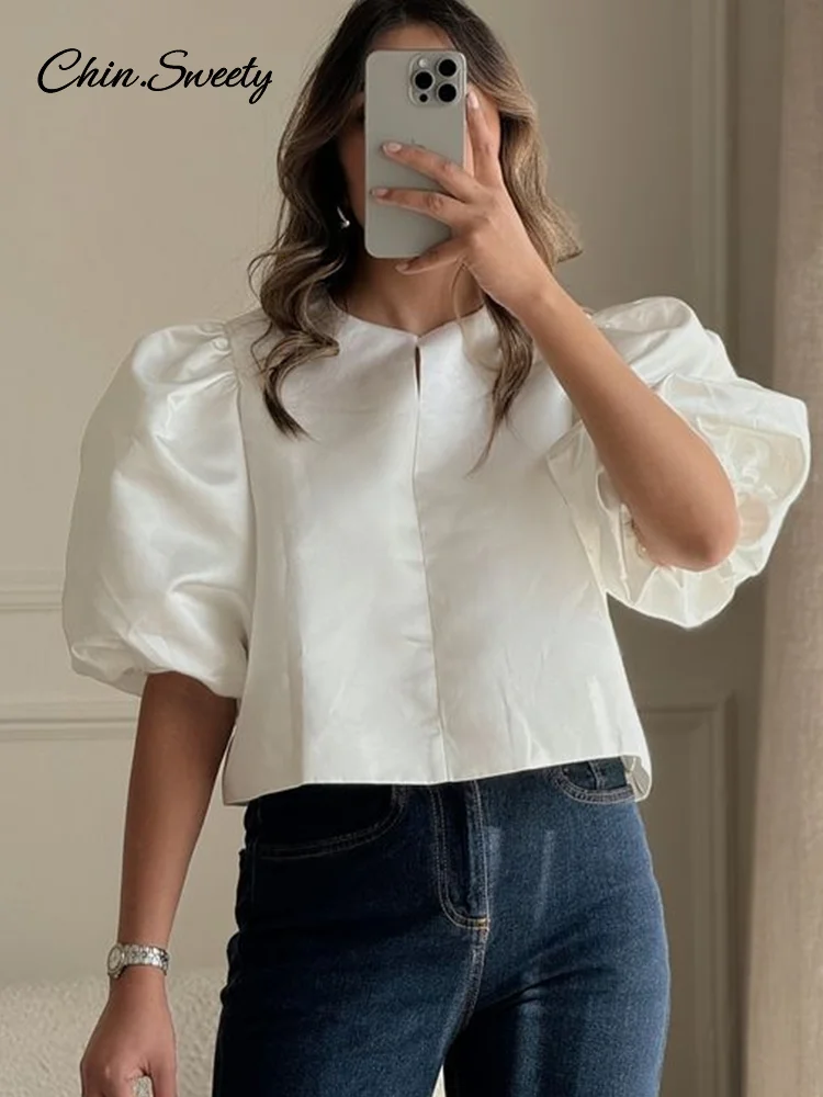 Elegant Satin Puff Short Sleeve Top Women Loose Solid Buckle O-neck Shirts Female 2025 Spring Summer Fashion Office Lady Outwear
Elegant Satin Puff Short Sleeve Top Women Loose Solid Buckle O-neck Shirts Female 2025 Spring Summer Fashion Office Lady Outwear