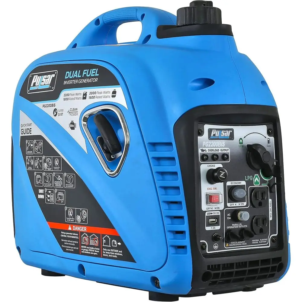 2,200W Portable Dual uel Quiet Inverter Generator with USB Outlet & Parallel ability, CARB Compliant, PG2200BiS
2,200W Portable Dual uel Quiet Inverter Generator with USB Outlet & Parallel ability, CARB Compliant, PG2200BiS