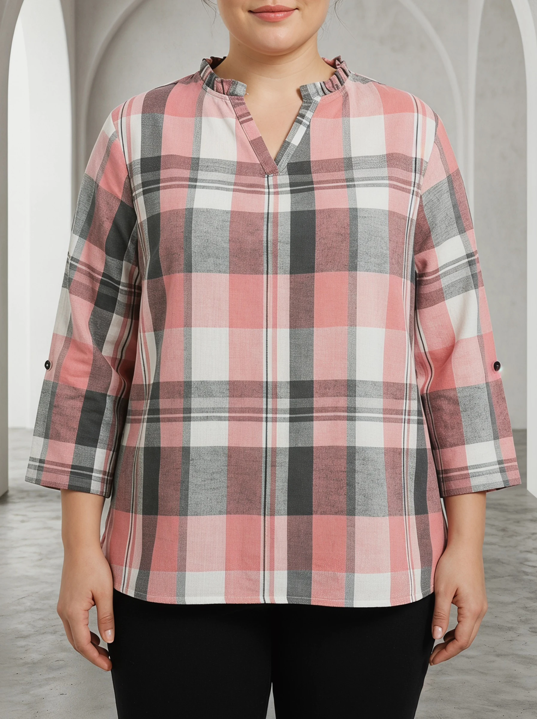 Gadinus Plus Size Women Pink Grey Plaid Shirt Long Sleeve V Neck Loose Fit Check Blouse
Gadinus Plus Size Women Pink Grey Plaid Shirt Long Sleeve V Neck Loose Fit Check Blouse