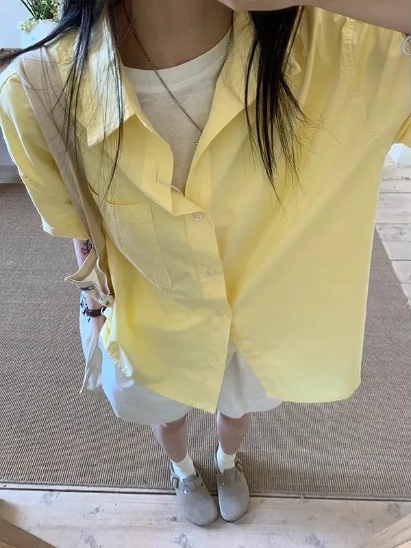 Loose Women's Short Sleeve Shirt Korean Style Yellow Dopaamine Couple Top New Arrival Commute Style Regular Length Neck
Loose Women's Short Sleeve Shirt Korean Style Yellow Dopaamine Couple Top New Arrival Commute Style Regular Length Neck