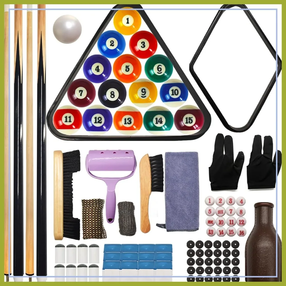95pcs Pool Table Accessories Set - Balls, Triangle, Rack, Cue, Chalk, Tips, Stickers, Cloth, Brush & Cleaner
95pcs Pool Table Accessories Set - Balls, Triangle, Rack, Cue, Chalk, Tips, Stickers, Cloth, Brush & Cleaner