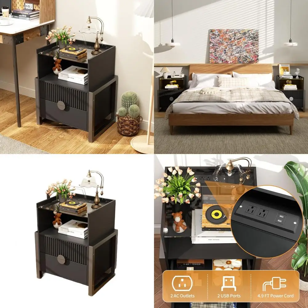 Modern LED Nightstand with Charging Station, 2 Drawers, Glass Top, Metal Legs for Bedroom, Living Room, Office
Modern LED Nightstand with Charging Station, 2 Drawers, Glass Top, Metal Legs for Bedroom, Living Room, Office