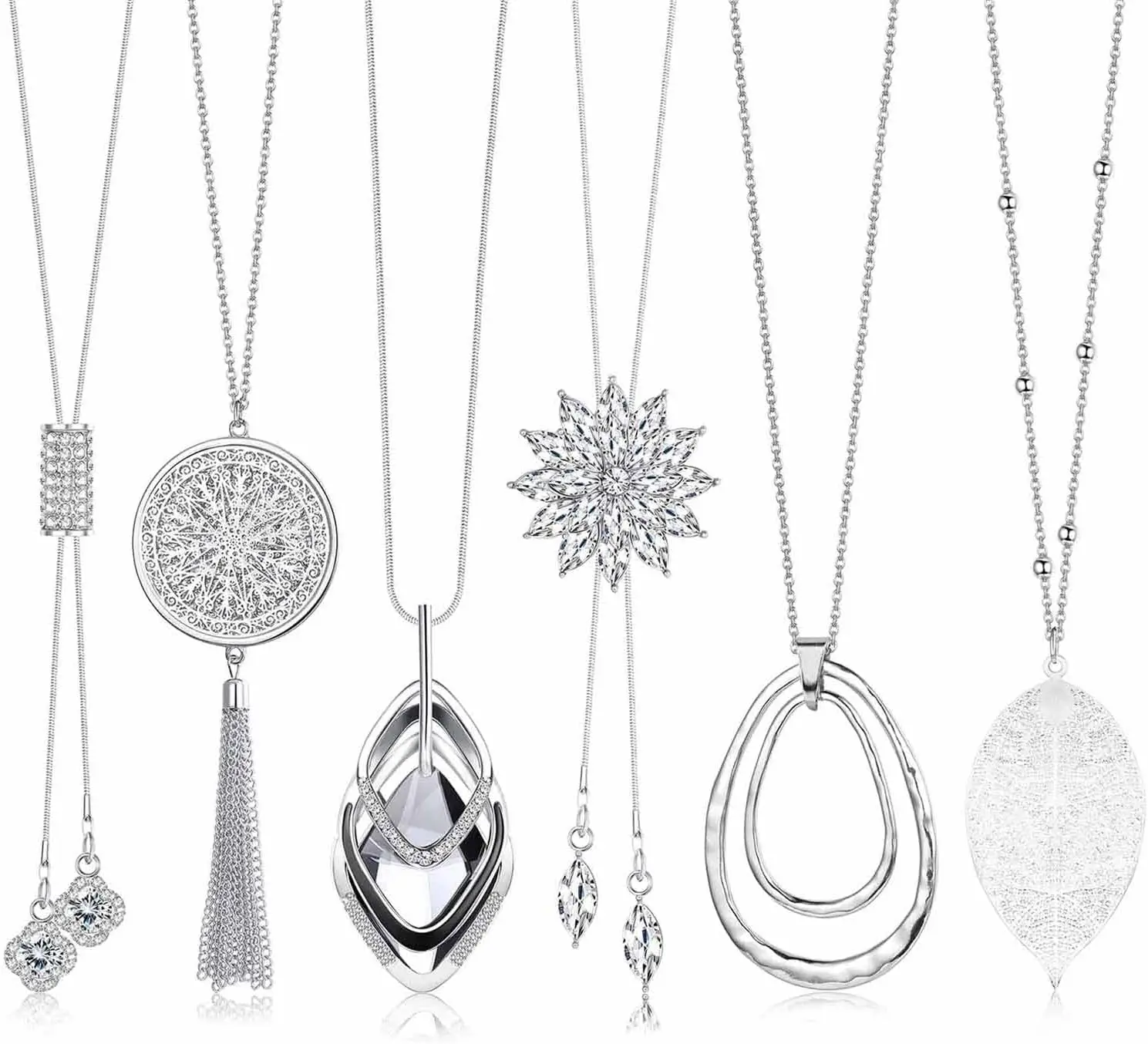 5Pcs Long Pendant Necklaces for Women Girls Silver Flower Tassel Disk Circle Leaf Chain Jewelry Set
5Pcs Long Pendant Necklaces for Women Girls Silver Flower Tassel Disk Circle Leaf Chain Jewelry Set