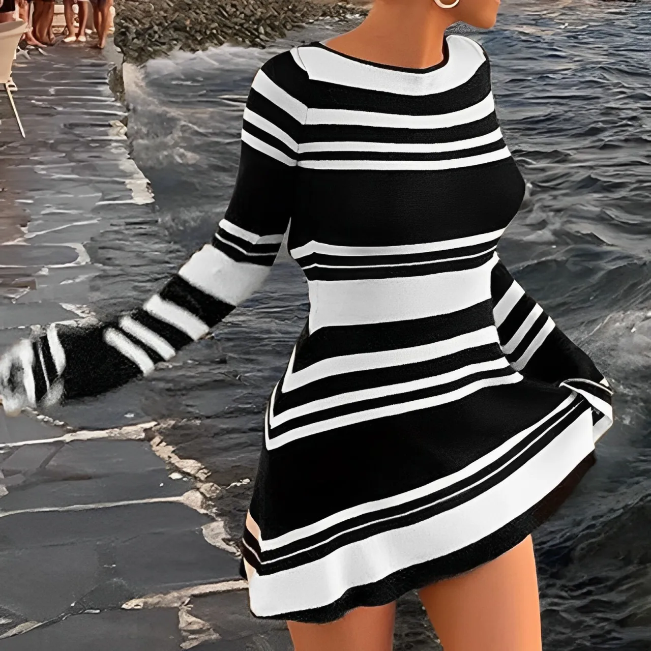 Long Flare Sleeve Open Back Tie Dress Contrast Color Black And White Stripped Sweater Cover Up Beach Short Dress Ladies Casual
Long Flare Sleeve Open Back Tie Dress Contrast Color Black And White Stripped Sweater Cover Up Beach Short Dress Ladies Casual