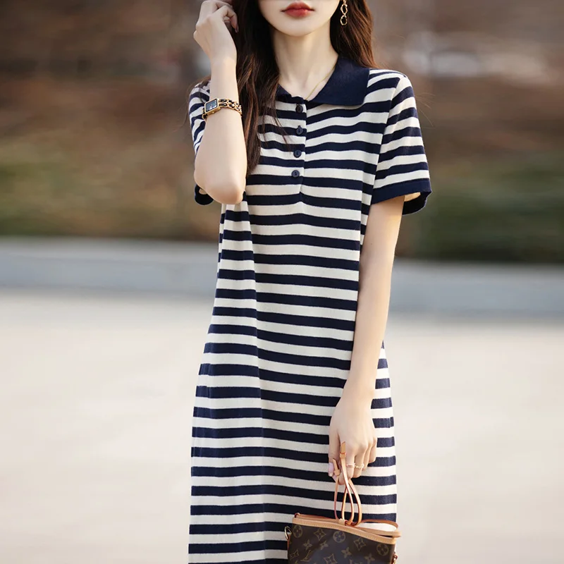 Women's Striped Dress, 100% Cotton, Polo Collar, Short Sleeved One Piece Skirt, 2024 Summer Color Matching Loose Casual Dress
Women's Striped Dress, 100% Cotton, Polo Collar, Short Sleeved One Piece Skirt, 2024 Summer Color Matching Loose Casual Dress