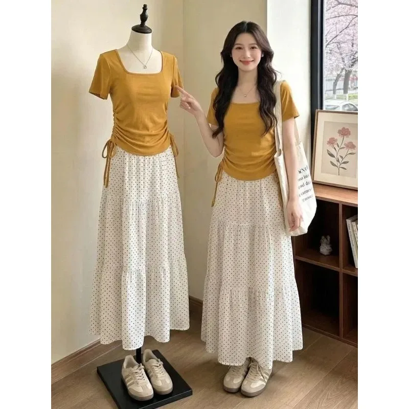 Women's Summer Square Collar Slim T-Shirts Dot Skirts Two Piece Set Lady Korean Fashion Joker Short Sleeve Tops Skirt Outfits
Women's Summer Square Collar Slim T-Shirts Dot Skirts Two Piece Set Lady Korean Fashion Joker Short Sleeve Tops Skirt Outfits