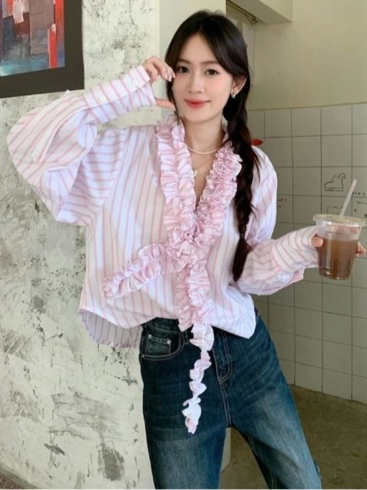 Fashion Design Blouses Striped V Neck Long Sleeve Ruffles Patchwork Shirts Casual Loose Tops All Match Sweet 2025 Women Clothing
Fashion Design Blouses Striped V Neck Long Sleeve Ruffles Patchwork Shirts Casual Loose Tops All Match Sweet 2025 Women Clothing