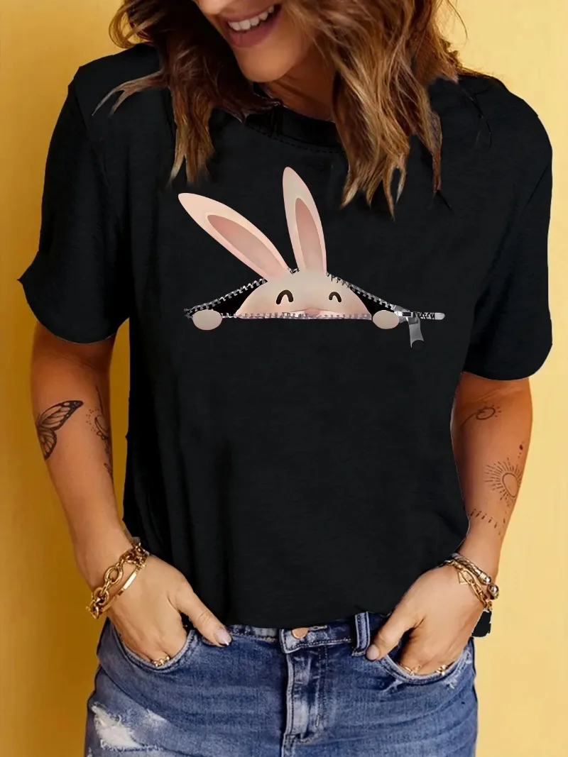 Summer, Women's Clothing Rabbit Print Crew Neck T-shirt, Casual Short Sleeve T-shirt For Spring &
Summer, Women's Clothing Rabbit Print Crew Neck T-shirt, Casual Short Sleeve T-shirt For Spring &