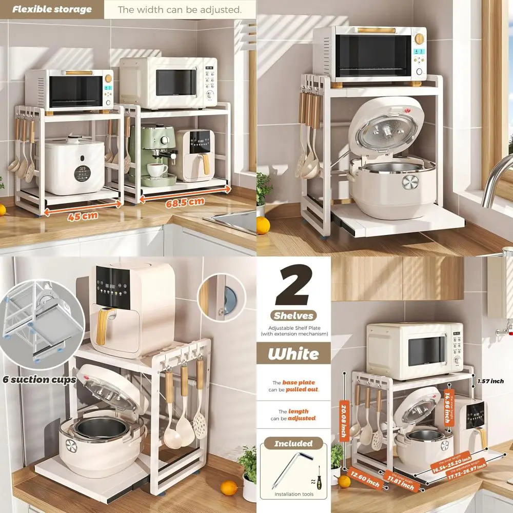 Height-Adjustable 2-Tier Microwave Stand with Hooks and Reinforced Suction Cups - Easy Assembly, White
Height-Adjustable 2-Tier Microwave Stand with Hooks and Reinforced Suction Cups - Easy Assembly, White