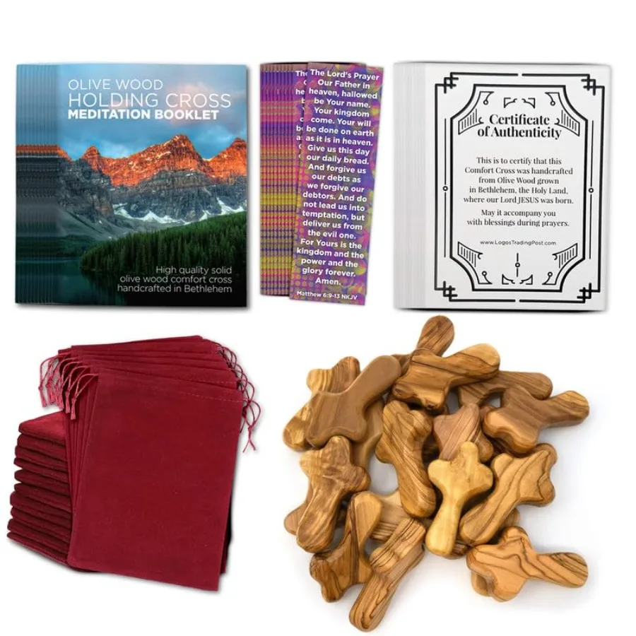 20pc Certified Holy Land Olive Wood Comfort Cross Set 2.75" Bulk Velvet Pouch Lords Prayer Bookmark Meditation Booklet Authenti
20pc Certified Holy Land Olive Wood Comfort Cross Set 2.75" Bulk Velvet Pouch Lords Prayer Bookmark Meditation Booklet Authenti
