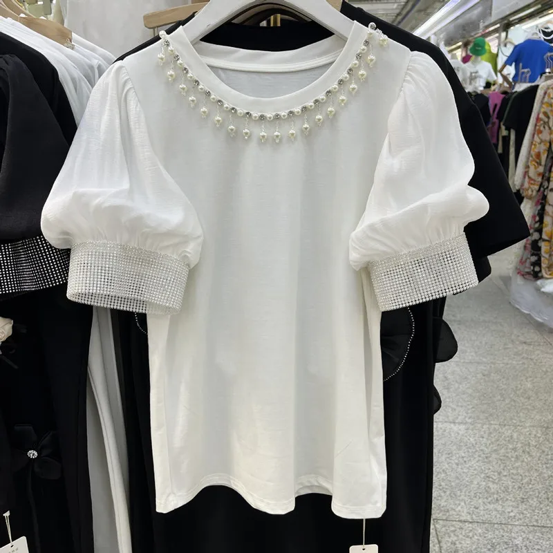 Sweet Patchwork Puff Sleeve Woman Tops 2022 Summer Korean Chic Loose Tshirts Women O-neck Beading Diamond Design Casual Tees
Sweet Patchwork Puff Sleeve Woman Tops 2022 Summer Korean Chic Loose Tshirts Women O-neck Beading Diamond Design Casual Tees