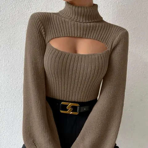 2025 NEW Winter Turtleneck Hollowed-out Sweater Women Wear Top Chest Hollowed-out Sexy Sweater Design Sexy Loose Matching