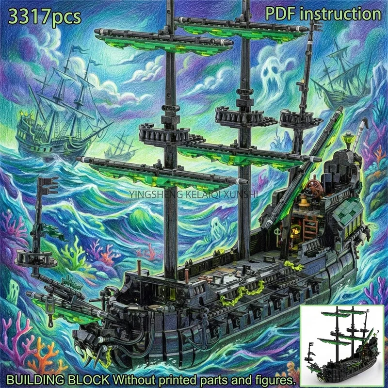 MOC Cursed Black Ghost Pirate Ship with Translucent Green Sails & Skeleton Bow Block Model
MOC Cursed Black Ghost Pirate Ship with Translucent Green Sails & Skeleton Bow Block Model