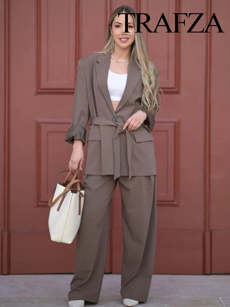 TRAFZA Women Elegant Solid Lapel Pocket Belt Decorate Casual Blazer Jacket+High Waist Loose Button Zipper Long Pants 2 Piece Set
TRAFZA Women Elegant Solid Lapel Pocket Belt Decorate Casual Blazer Jacket+High Waist Loose Button Zipper Long Pants 2 Piece Set