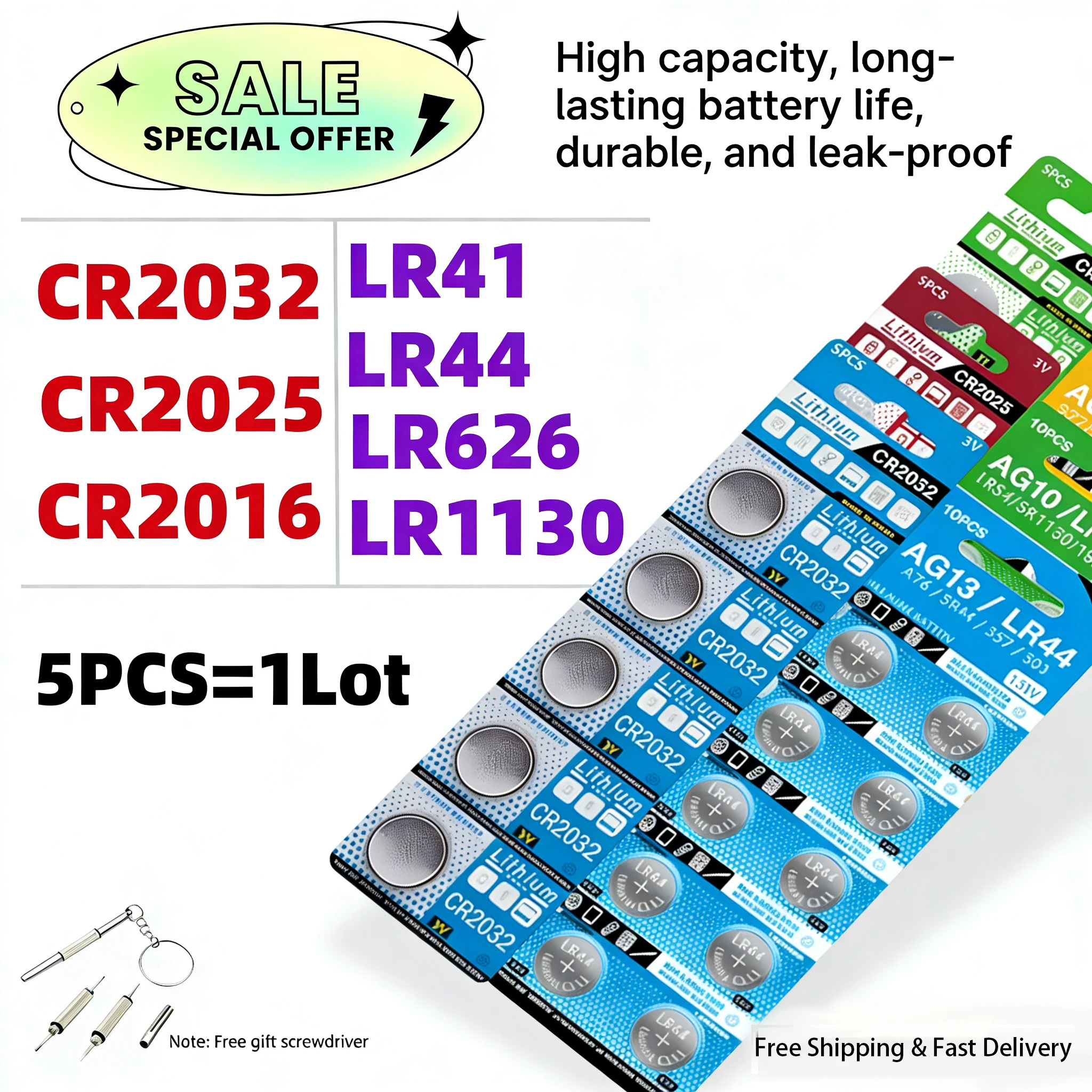 5-10PCS CR2032 CR2025 CR2016 3V Lithium & LR44 LR41 LR626 LR1130 1.5V Alkaline Button Cell Battery for Watch Toy Car Key
5-10PCS CR2032 CR2025 CR2016 3V Lithium & LR44 LR41 LR626 LR1130 1.5V Alkaline Button Cell Battery for Watch Toy Car Key
