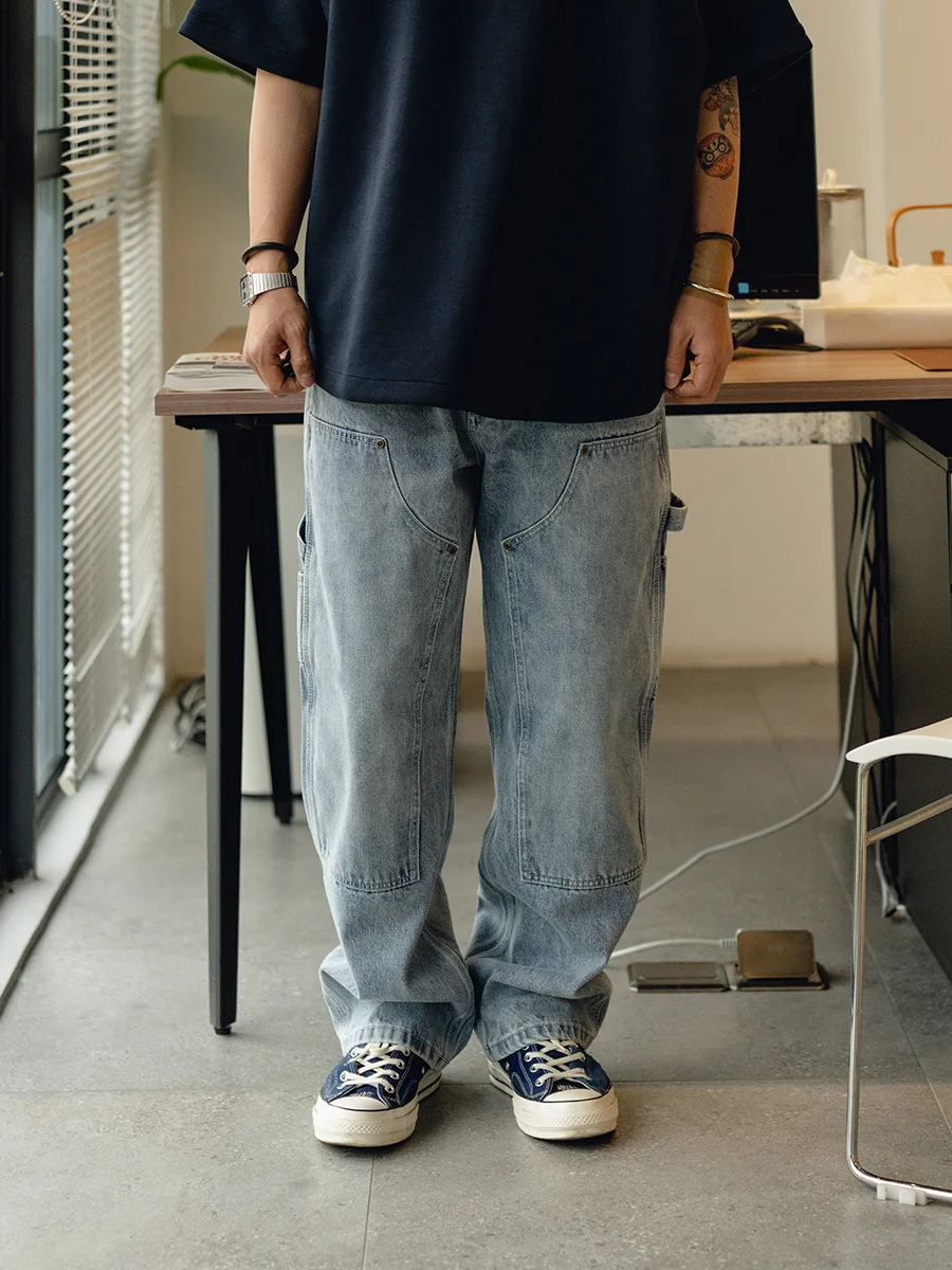 Cleanfit Japanese Retro B01 Washed Spray Monkey Double Knee Logging Lightweight Blue Denim Workwear Straight Leg Loose Fit Jeans
Cleanfit Japanese Retro B01 Washed Spray Monkey Double Knee Logging Lightweight Blue Denim Workwear Straight Leg Loose Fit Jeans