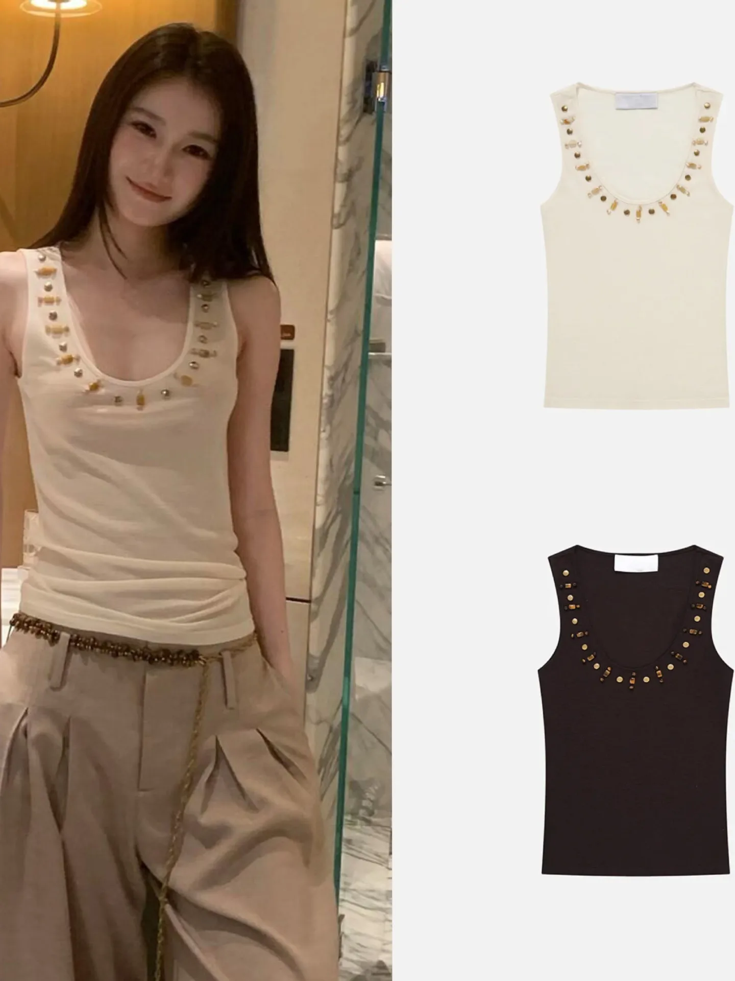 New 26ss Shanghai Floral Metal Rivet Heavy Design Slim Fit Casual Vest Women's Cotton U-Neck Shoulder Strap Pure Color Top
New 26ss Shanghai Floral Metal Rivet Heavy Design Slim Fit Casual Vest Women's Cotton U-Neck Shoulder Strap Pure Color Top