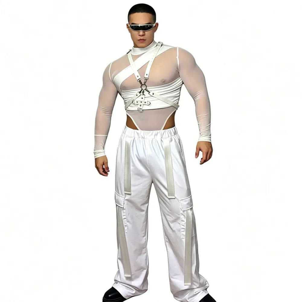 Nightclub Bar Party Male Gogo Dancer Stage Wear Sexy Mesh Chest Strap Bodysuit White Cargo Pants Set Singer Performance Costume
Nightclub Bar Party Male Gogo Dancer Stage Wear Sexy Mesh Chest Strap Bodysuit White Cargo Pants Set Singer Performance Costume