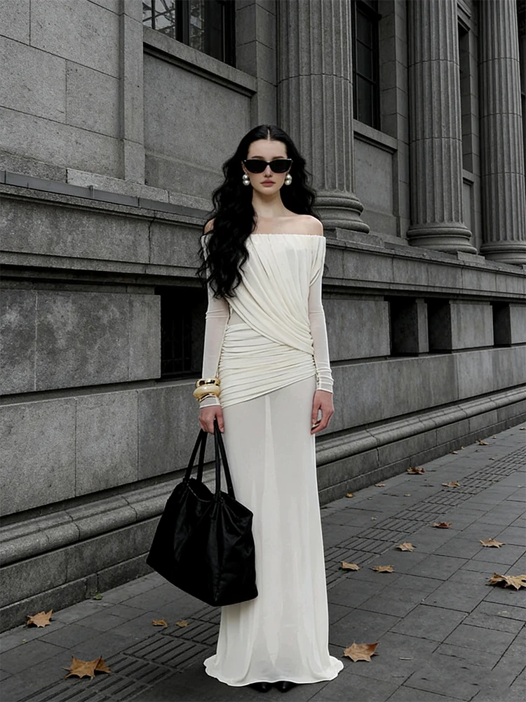 Elegant White Long Sleeve One Shoulder Dress Women's High Waist Slim Fit Evening Gown Ball Dress Korean Style Polyester Fiber
Elegant White Long Sleeve One Shoulder Dress Women's High Waist Slim Fit Evening Gown Ball Dress Korean Style Polyester Fiber