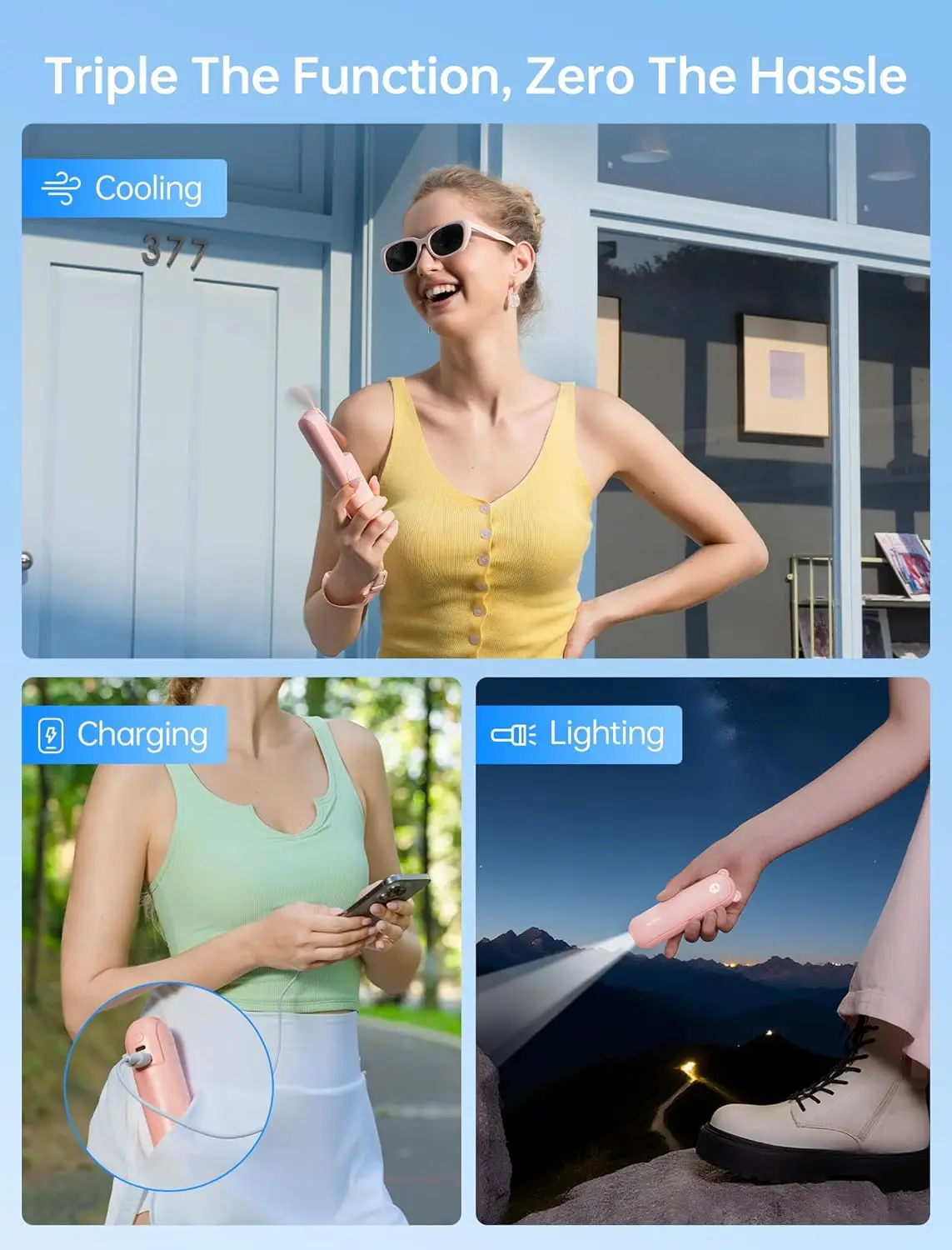 JISULIFE 3 IN 1 Handheld Mini Fan - Portable Fan & Power Bank & Flashlight, 19H Max Cooling, USB Rechargeable, Pocket-Sized for Travel, Cruise, Concerts, Makeup, 2026 Summer Gifts for Women(Pink)
JISULIFE 3 IN 1 Handheld Mini Fan - Portable Fan & Power Bank & Flashlight, 19H Max Cooling, USB Rechargeable, Pocket-Sized for Travel, Cruise, Concerts, Makeup, 2026 Summer Gifts for Women(Pink)