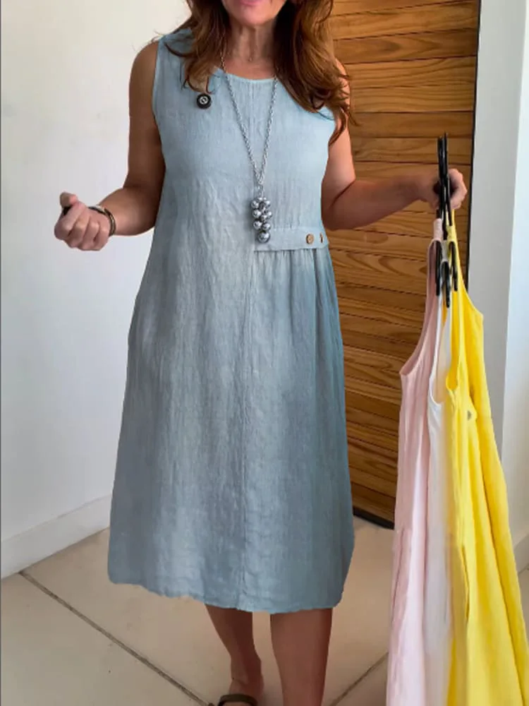 Casual Cotton Linen Dress Loose Sleeveless O-neck Asymmetric Button Solid Color Midi Dress For Women Fashion Commuter Dresses
Casual Cotton Linen Dress Loose Sleeveless O-neck Asymmetric Button Solid Color Midi Dress For Women Fashion Commuter Dresses