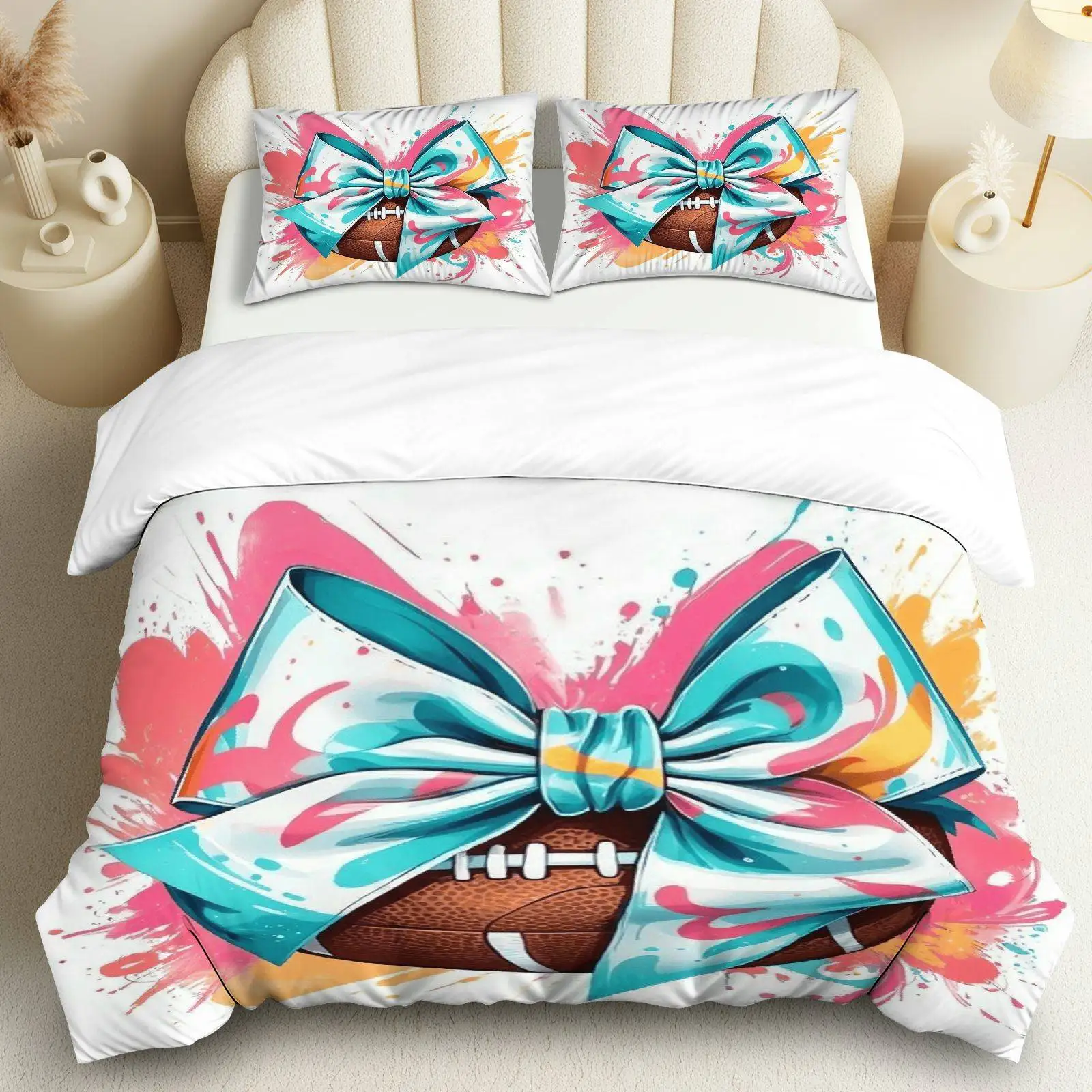 3PCS Duvet Cover, 1 Duvet+2 Pillowcases(Without filler), Football Bowknot Pattern Suitable for decoration Bedroom, Guestroom.
3PCS Duvet Cover, 1 Duvet+2 Pillowcases(Without filler), Football Bowknot Pattern Suitable for decoration Bedroom, Guestroom.