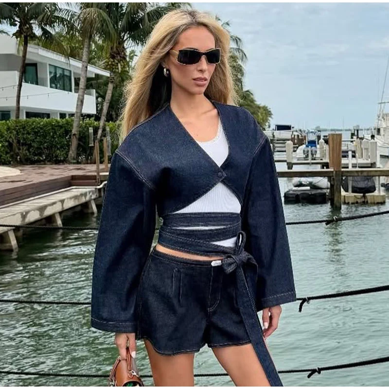 Fashion Denim Two-Piece Outfit Women's V-neck Lace Up Button Cropped Jacket Slit Wide Leg Pants 2026 New Lady Casual Streetwear 22 Sfb1ee94ab0a1471fa9c9cfcb8815f050p