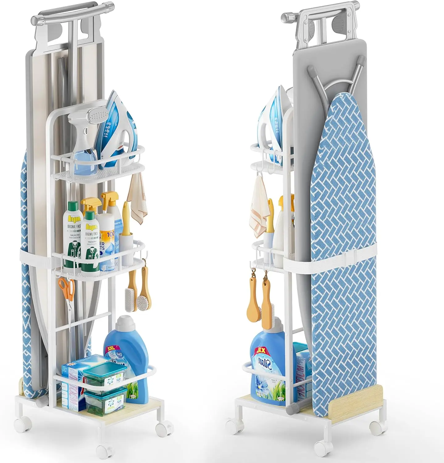Freestanding Ironing Board Holder with Storage Cart, Adjustable Straps and Locking Wheels for Laundry Room Organization
Freestanding Ironing Board Holder with Storage Cart, Adjustable Straps and Locking Wheels for Laundry Room Organization