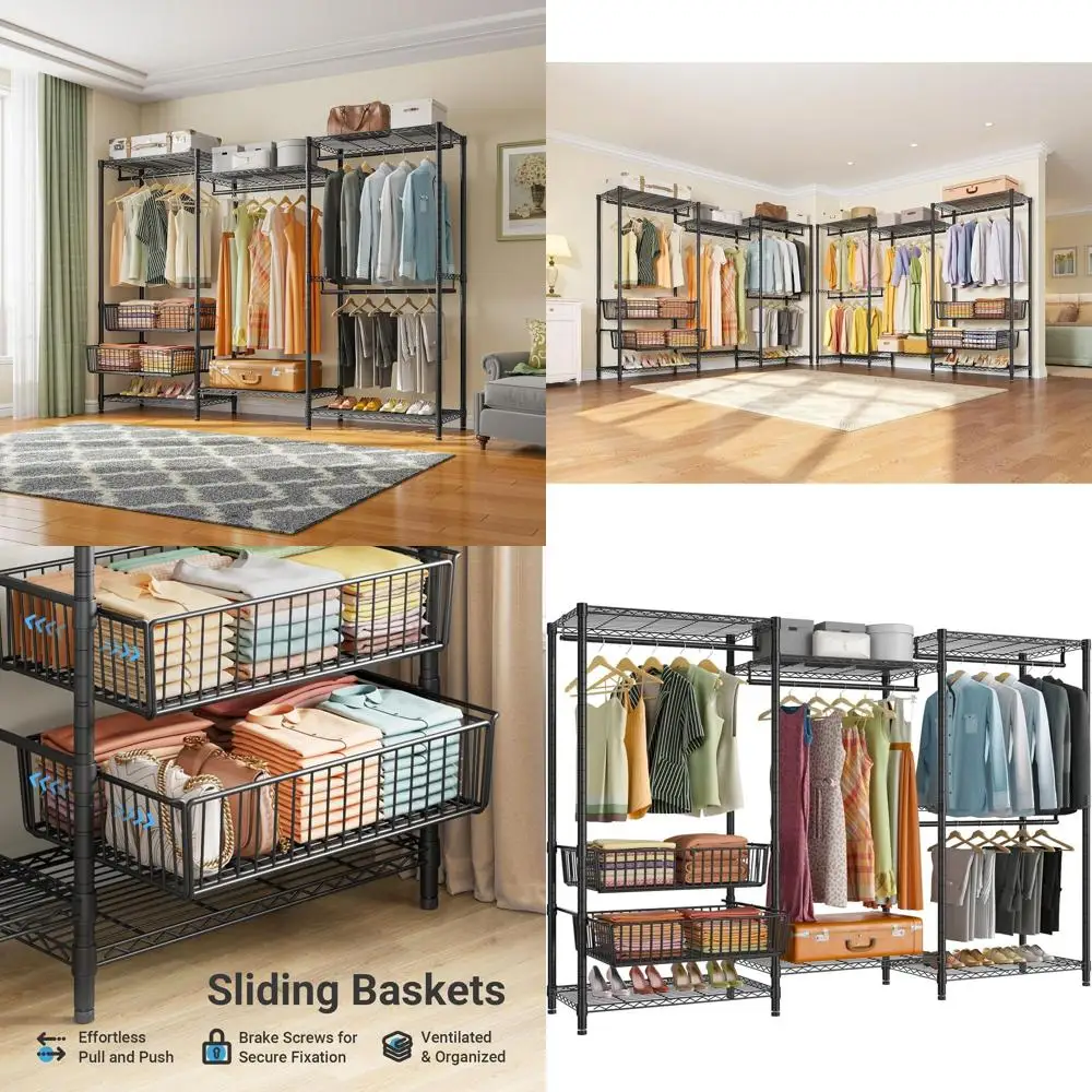 Large Heavy Duty Clothes Rack with Adjustable Shelves and Storage Baskets, 68.9 W x 15.7 D x 76.4 H, 920 LBS Capacity, Black
Large Heavy Duty Clothes Rack with Adjustable Shelves and Storage Baskets, 68.9 W x 15.7 D x 76.4 H, 920 LBS Capacity, Black