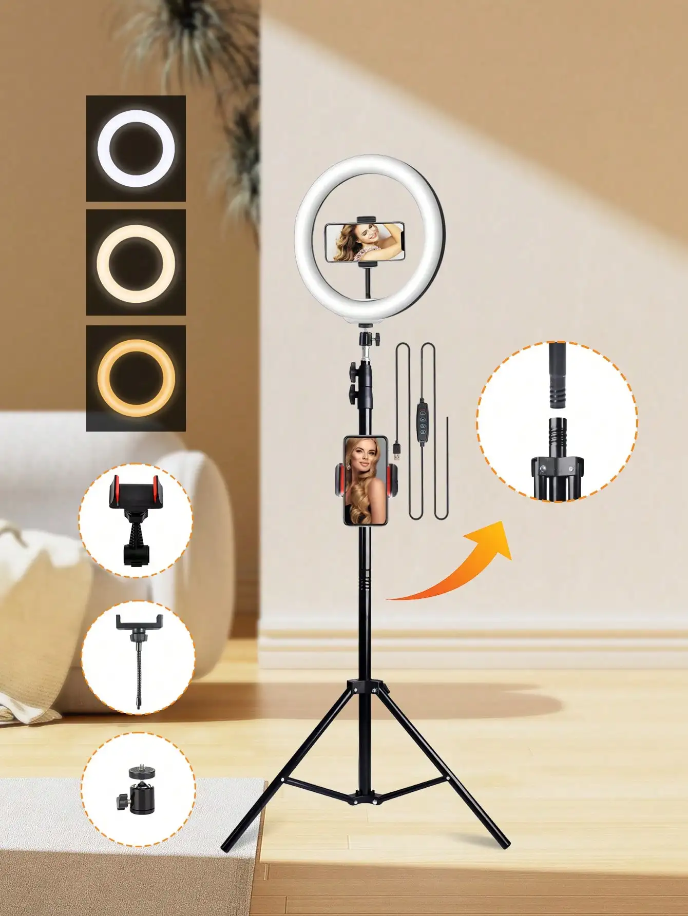 10 Inch LED Selfie Ring Light Kit With Dual Phone Stand - 3 Color Modes, 10 Brightness Levels, USB Powered - Ideal For Makeup, Photography & Video, Selfie Stick For Phone
10 Inch LED Selfie Ring Light Kit With Dual Phone Stand - 3 Color Modes, 10 Brightness Levels, USB Powered - Ideal For Makeup, Photography & Video, Selfie Stick For Phone