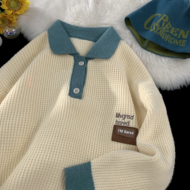 Мужской вязаный свитер в американском ретро-стиле с цветными блоками, длинными рукавами, на весну-осень, повседневный, свободного кроя, с воротником, для ношения под одеждой
Мужской вязаный свитер в американском ретро-стиле с цветными блоками, длинными рукавами, на весну-осень, повседневный, свободного кроя, с воротником, для ношения под одеждой