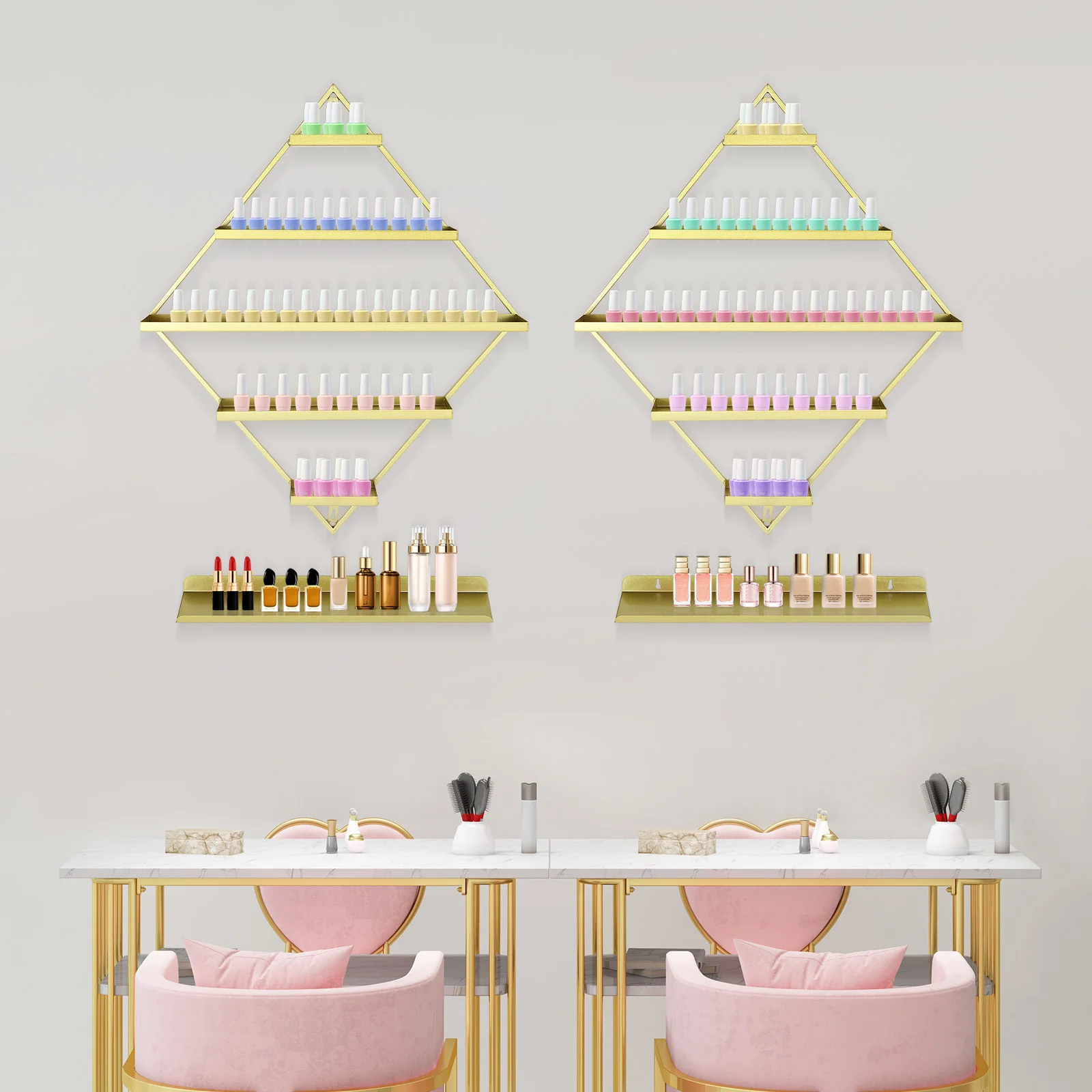2PCS Gold 5-Tier Rhombus Nail Polish Display Rack&2PCS Horizontal Bars Wall Mounted, Holds 90 Bottles, Iron Makeup Organizer
2PCS Gold 5-Tier Rhombus Nail Polish Display Rack&2PCS Horizontal Bars Wall Mounted, Holds 90 Bottles, Iron Makeup Organizer