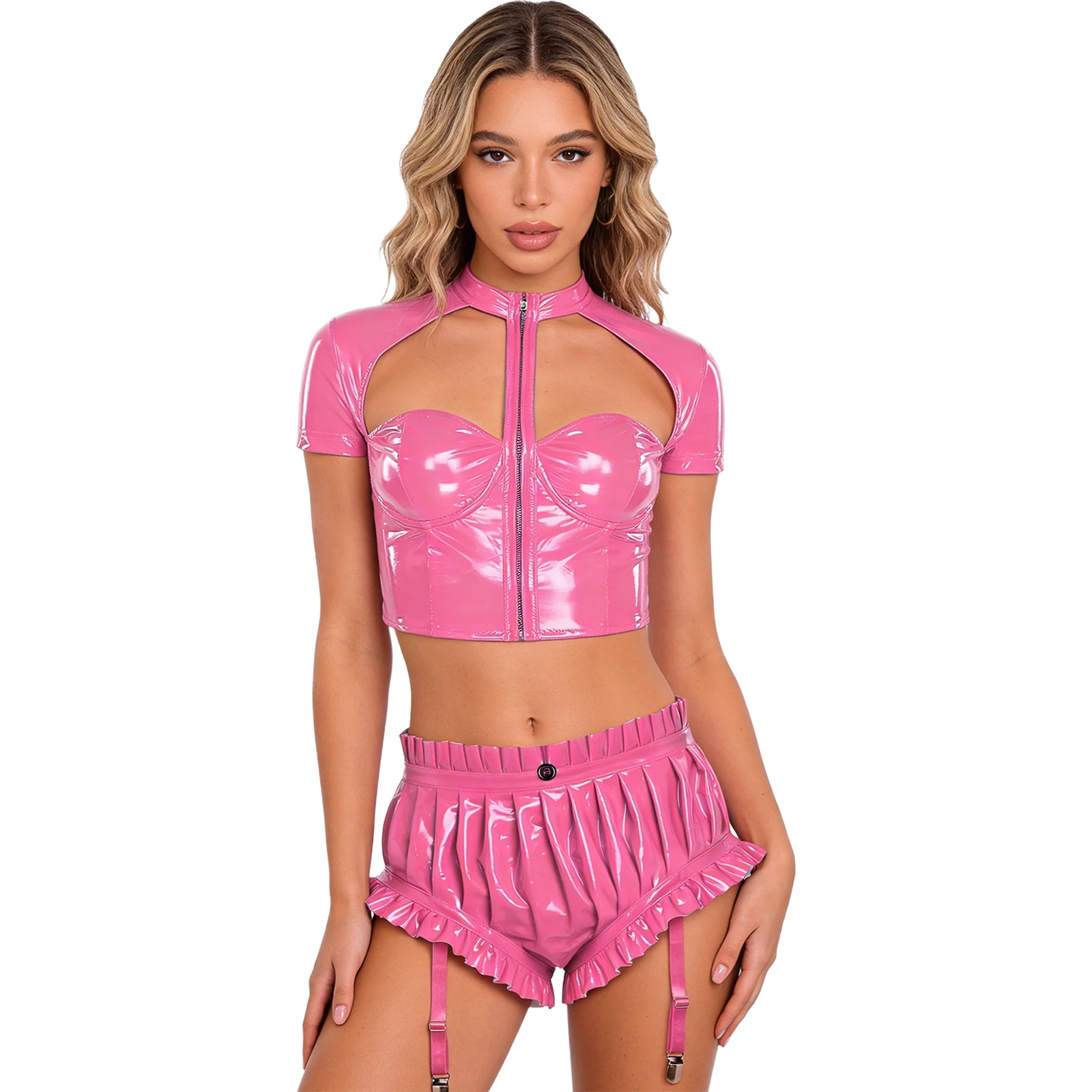 Womens Lingerie Set Rave Clubwear for Pole Dancing Underwire Front Zipper Crop Top Ruffled Trim Bloomer Shorts with Garter Clips
Womens Lingerie Set Rave Clubwear for Pole Dancing Underwire Front Zipper Crop Top Ruffled Trim Bloomer Shorts with Garter Clips