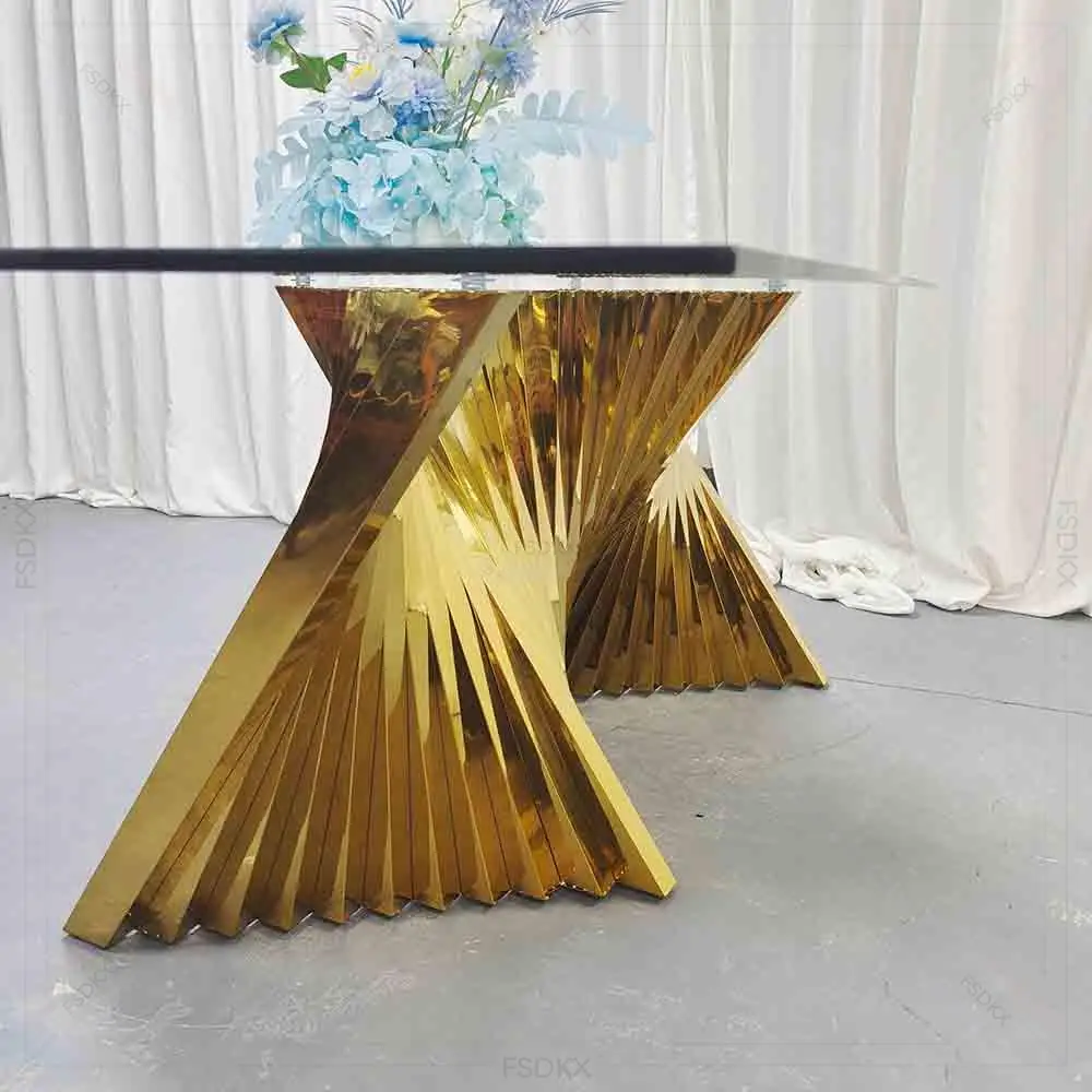 Hot Selling Modern Design Rectangular Wedding Decoration Gold Stainless Steel Glass Top Table for Wedding Used
Hot Selling Modern Design Rectangular Wedding Decoration Gold Stainless Steel Glass Top Table for Wedding Used