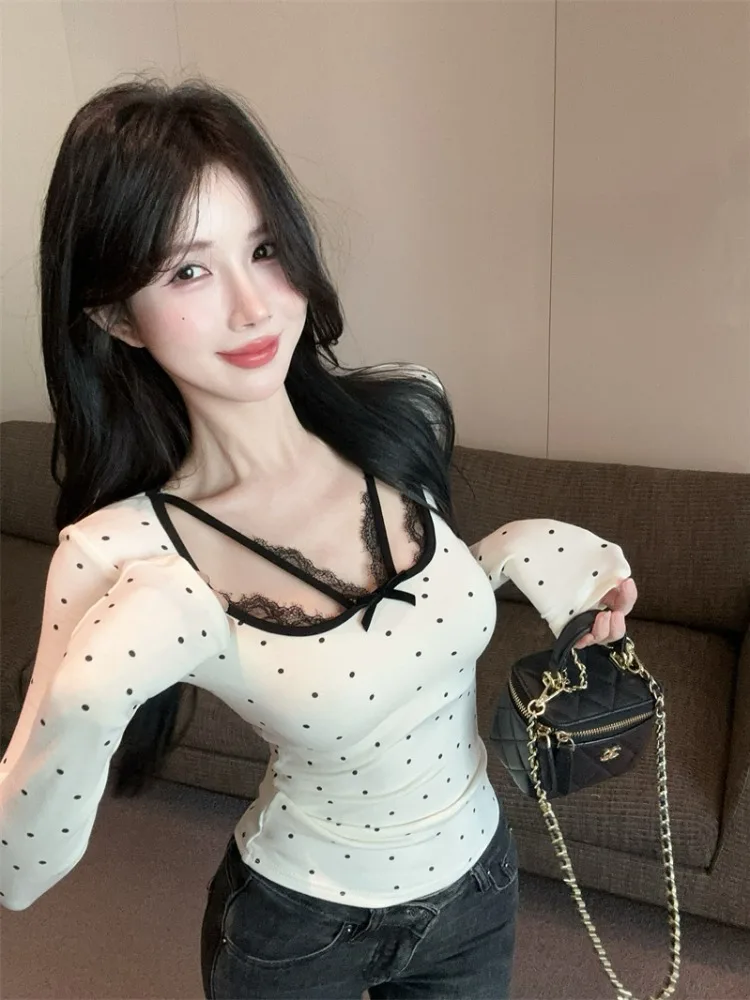 Pure Desire Lace Splice Polka Dot Long Sleeve Women's T-Shirt Spring Knot Slimming Short Style Korean Version Top
Pure Desire Lace Splice Polka Dot Long Sleeve Women's T-Shirt Spring Knot Slimming Short Style Korean Version Top