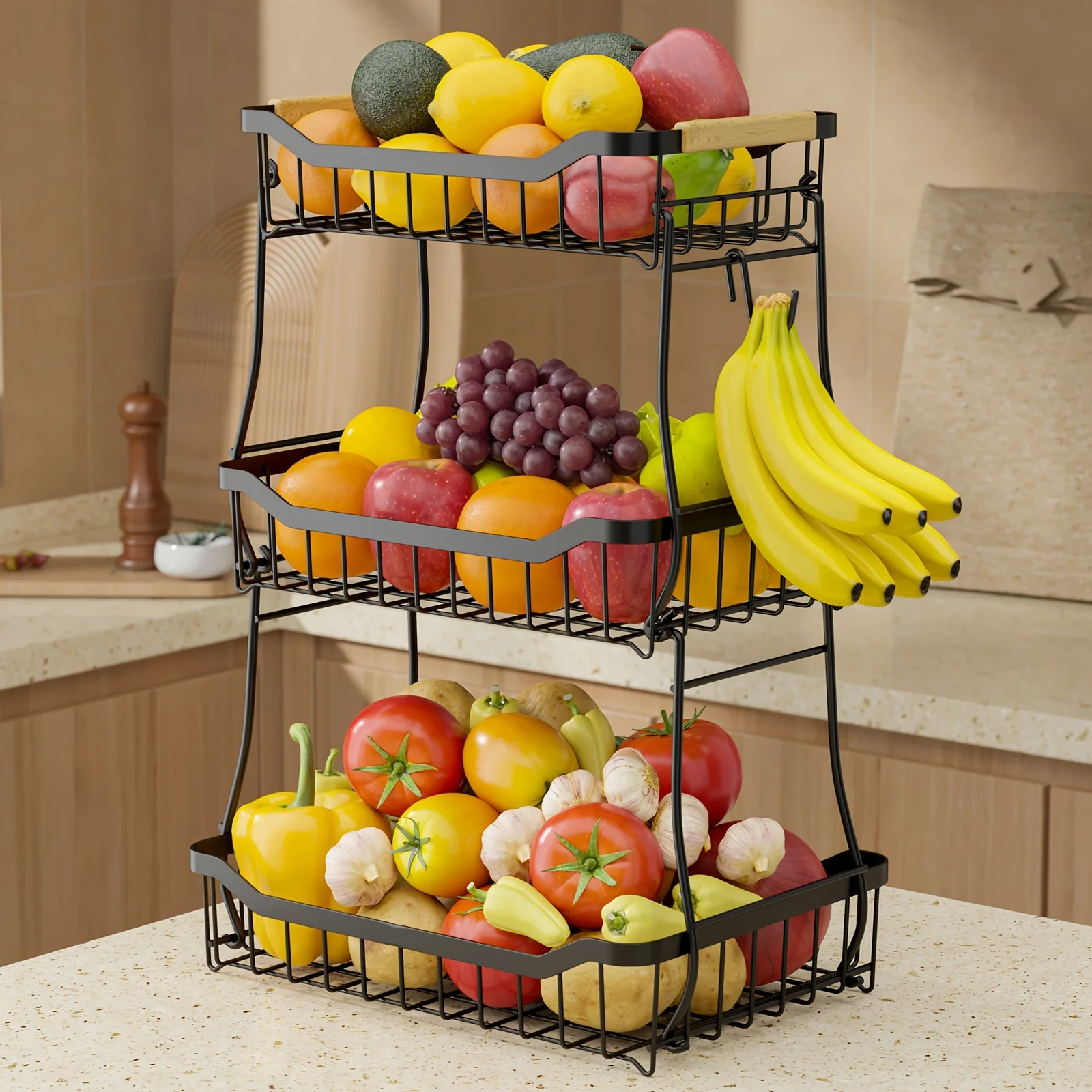 2/3-Tier Fruit Basket with Banana Hanger - Metal Countertop Organizer with Natural Wood Handle, Detachable Storage Rack for Fruits, Snacks, Spice Bottles - Space-Saving Stand for Kitchen, Dining Room, Bathroom - Great for Parties, Holidays
2/3-Tier Fruit Basket with Banana Hanger - Metal Countertop Organizer with Natural Wood Handle, Detachable Storage Rack for Fruits, Snacks, Spice Bottles - Space-Saving Stand for Kitchen, Dining Room, Bathroom - Great for Parties, Holidays