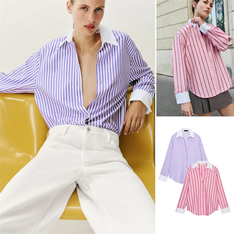 Summer New Casual Style Long Sleeve Turn-down Collar Color Block Cuff Striped Silk Shirt Women's Comfortable Fit Fashionable
Summer New Casual Style Long Sleeve Turn-down Collar Color Block Cuff Striped Silk Shirt Women's Comfortable Fit Fashionable