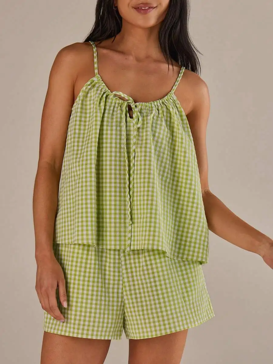 Womens Green Plaid Sleeveless Top And Shorts 2-Piece Set Casual Loose Comfortable
Womens Green Plaid Sleeveless Top And Shorts 2-Piece Set Casual Loose Comfortable