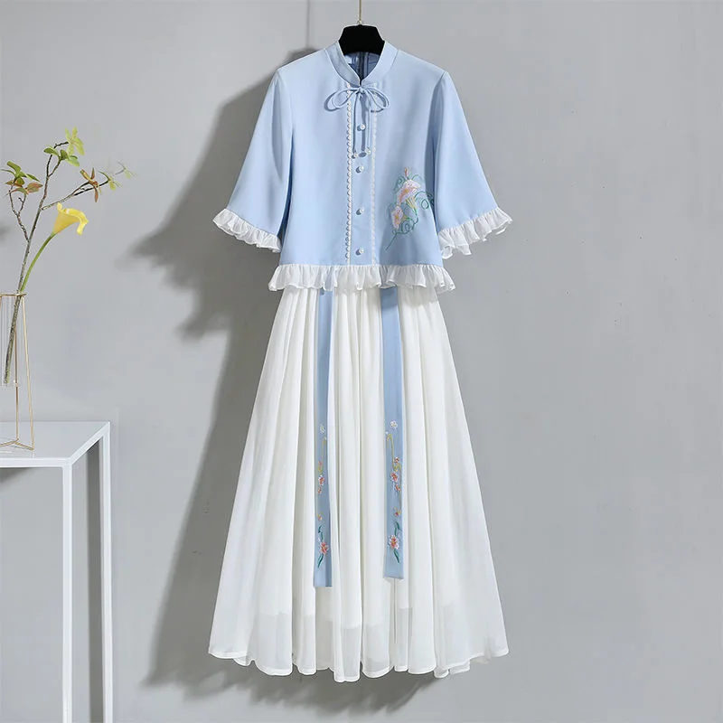 Женский летний костюм Hanfu из китайского шифона, синий топ с коротким рукавом и белая плиссированная юбка, Костюм стандартного размера 3XL
Женский летний костюм Hanfu из китайского шифона, синий топ с коротким рукавом и белая плиссированная юбка, Костюм стандартного размера 3XL