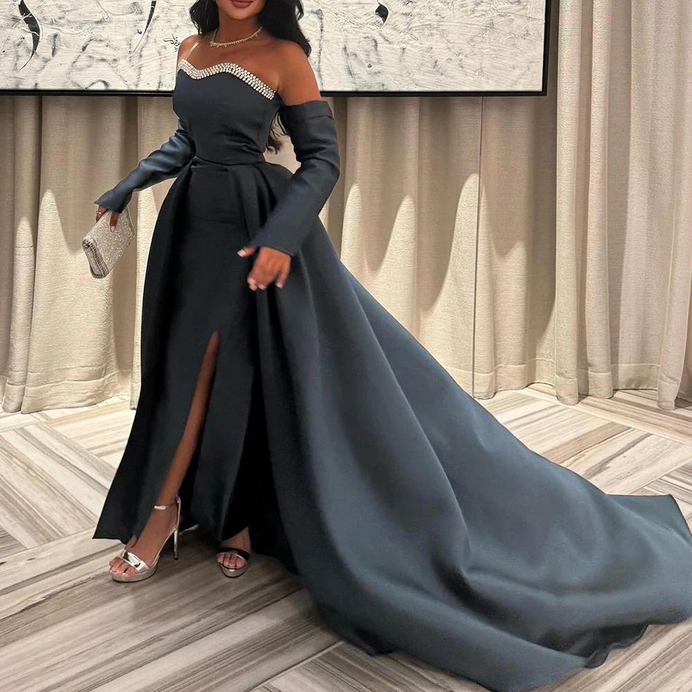 Customized Exquisite Satin Straight Off the Shoulder Crystal Evening Dress Strapless Long Sleeves Panel Train Photo Color
Customized Exquisite Satin Straight Off the Shoulder Crystal Evening Dress Strapless Long Sleeves Panel Train Photo Color