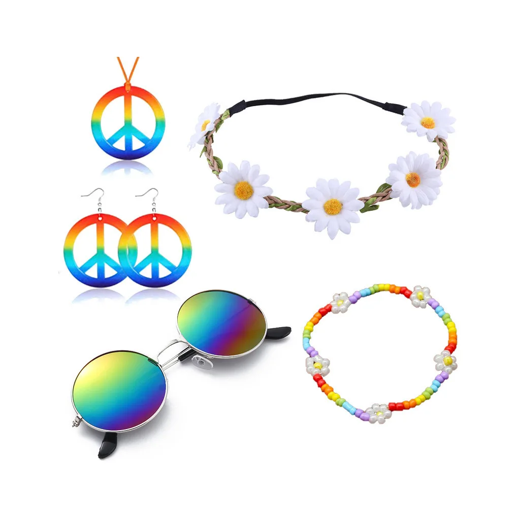 Women Hippie Costume Set 60's 70s Style Retro Vintage Glasses Peace Sign Necklace Sunflower Crown Hair Band
Women Hippie Costume Set 60's 70s Style Retro Vintage Glasses Peace Sign Necklace Sunflower Crown Hair Band