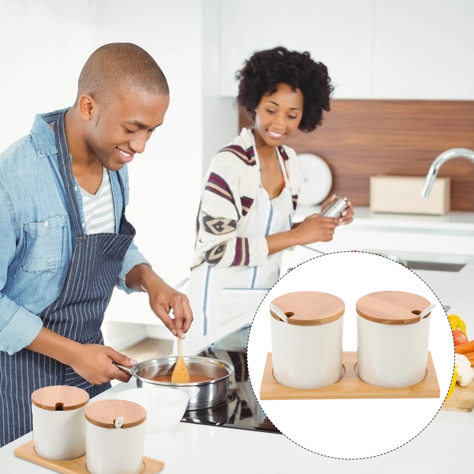 2 Pieces White Ceramic Condiment Jars Base Wooden Spoon Salt Pepper Kitchen Seasoning Holder Storage Container
2 Pieces White Ceramic Condiment Jars Base Wooden Spoon Salt Pepper Kitchen Seasoning Holder Storage Container